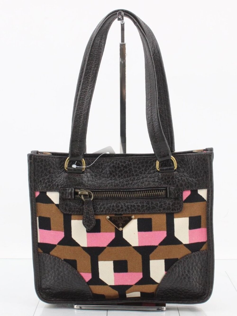 Prada Geometric Canvas & Deerskin Leather Tote